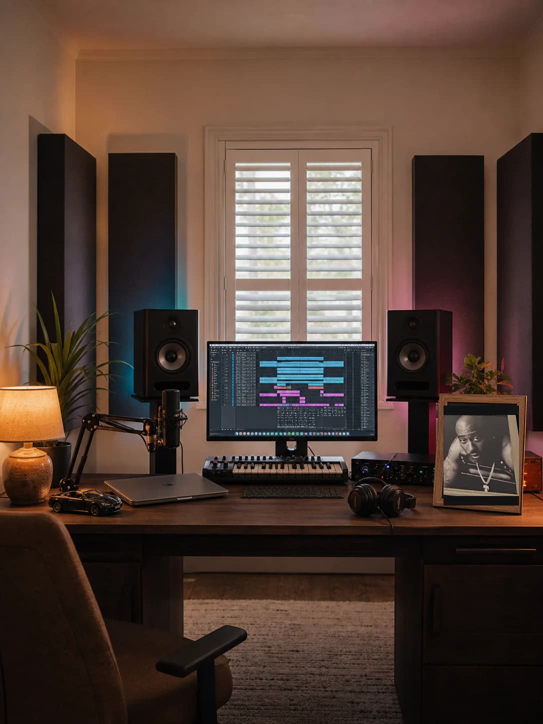 Home studio professionale di Davide Del Carmen con tastiera MIDI, monitor audio e foto incorniciata di 2Pac